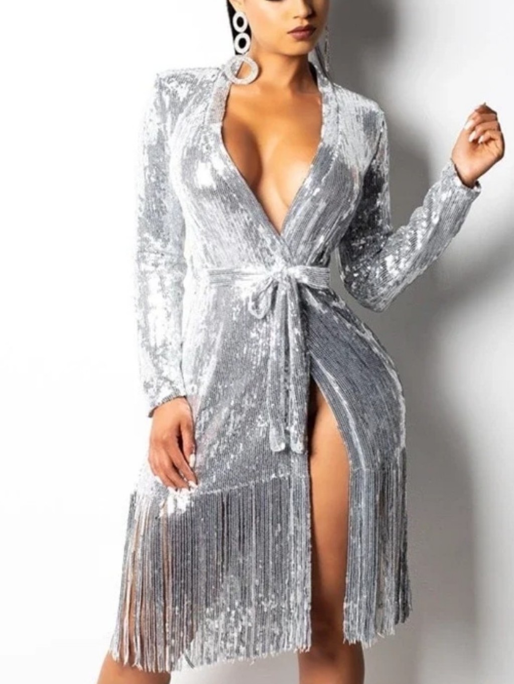 Silver Sequin Fringe Wrap Dress